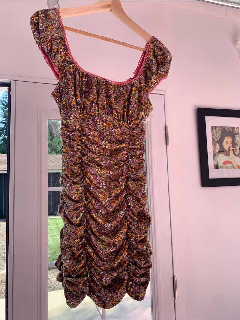 Forever 21 Pink Floral Ruched Square-Neck Mini Dress